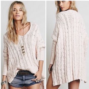Free People | Ivory Cream V-Neck Oversized Cable Knit Sweater